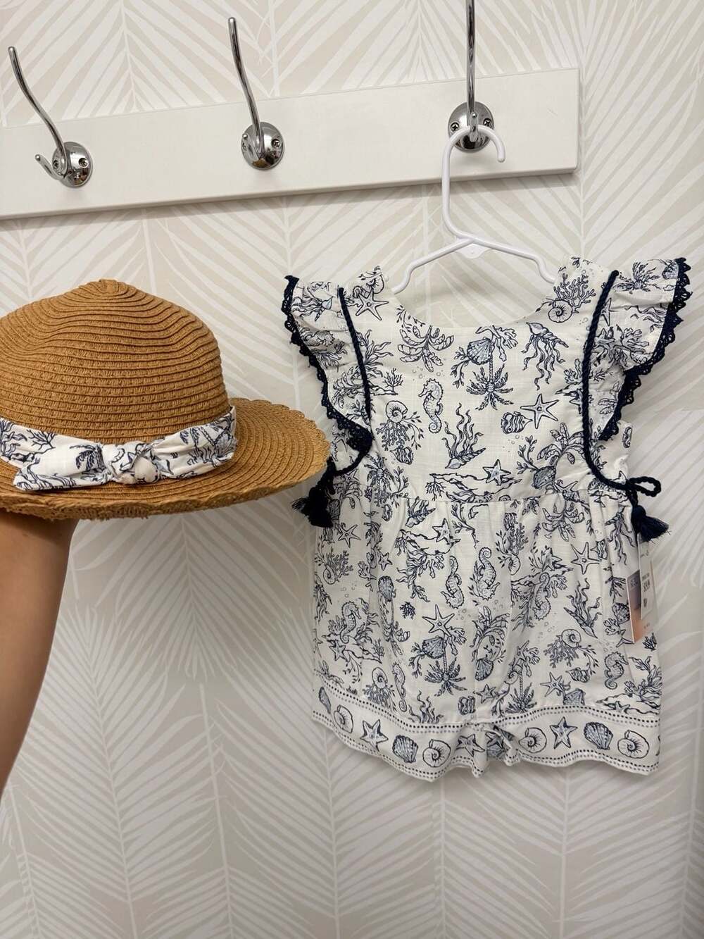 Happily Grey Kids Nautical Print Romper with Lace Trim & Hat Seashell Starfish